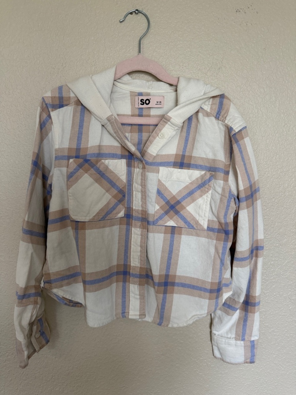 SO Cropped Plaid Hooded Button-Up Shirt - Cream, Tan & Light Blue